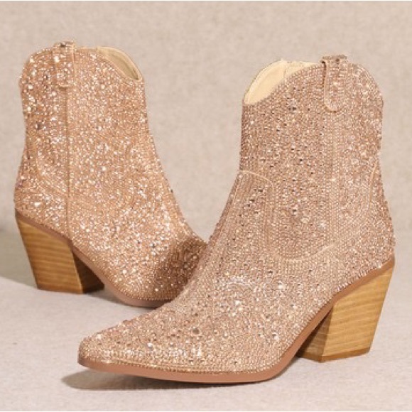MIIM ANGEL Rose Gold Rhinestone Embellished Ankle Western Heeled Cowboy Bootie - Picture 5 of 7
